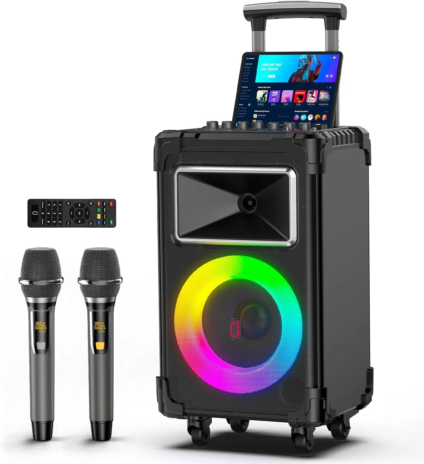 500W Portable Karaoke Speaker with 2 Wireless Mics, 10" Woofer, Bluetooth