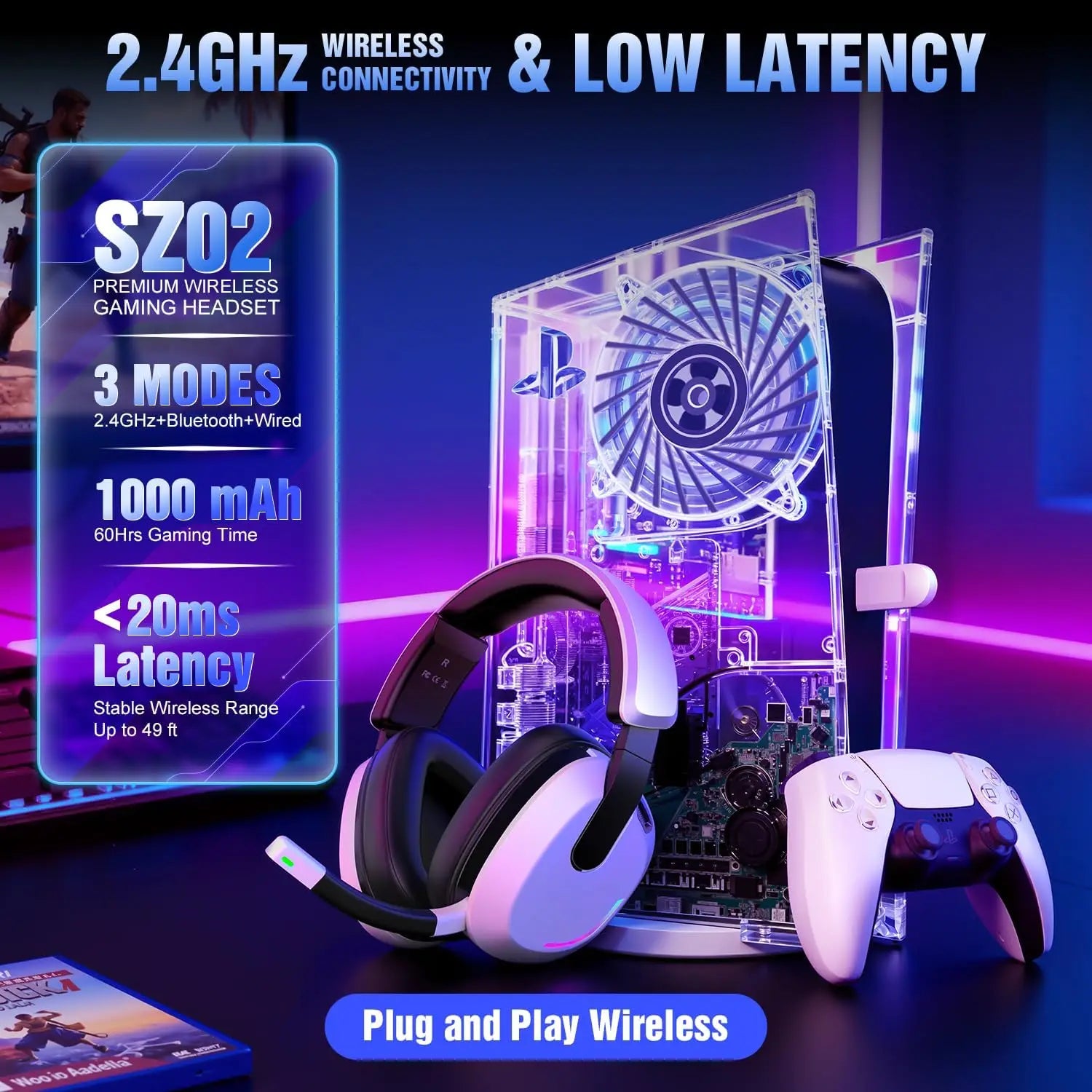 Wireless Gaming Headset for PS5 PS4 PC Switch Mac with Noise Cancelling Mic