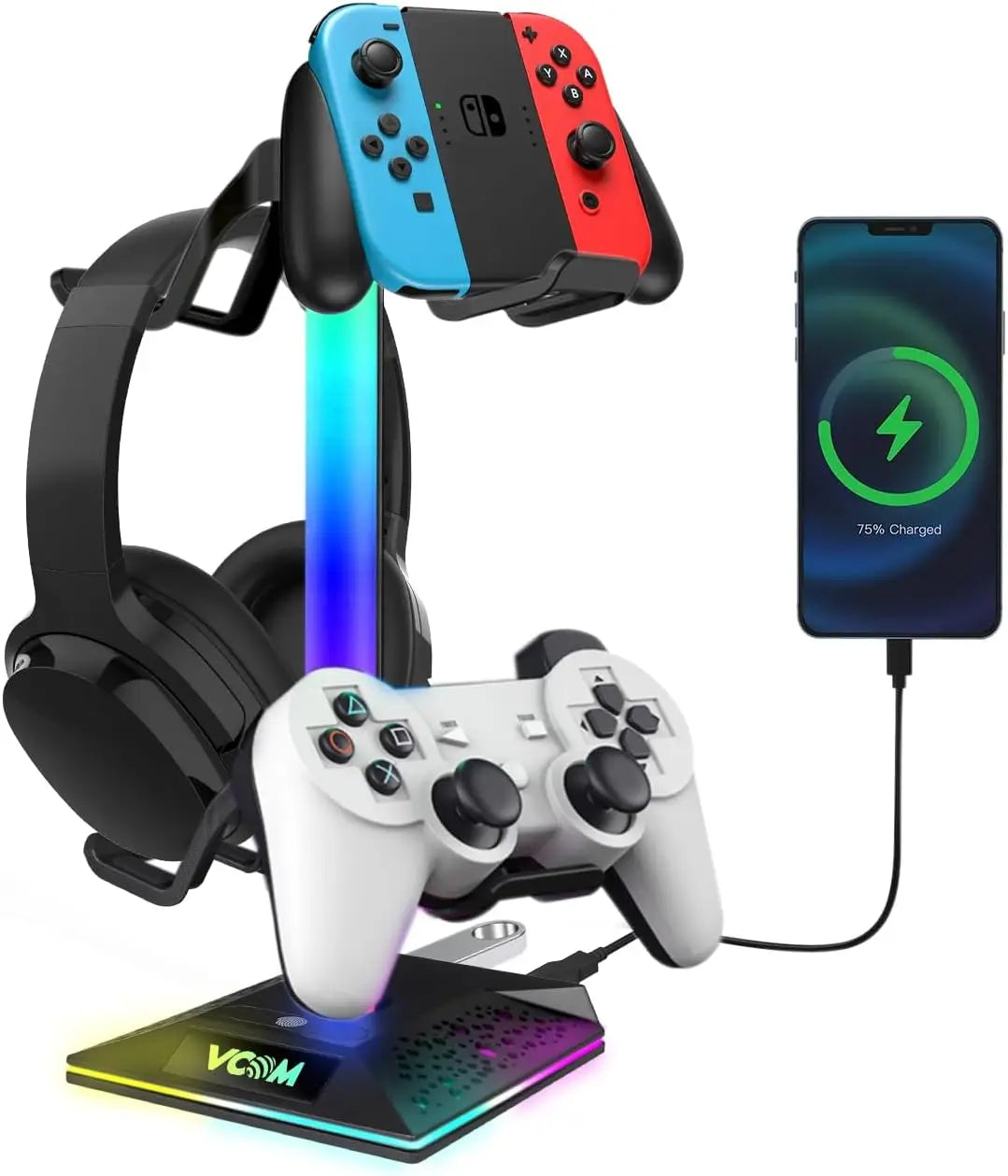 RGB Gaming Headset Stand with 10 Light Modes, 2 USB Ports Non-Slip Base for All