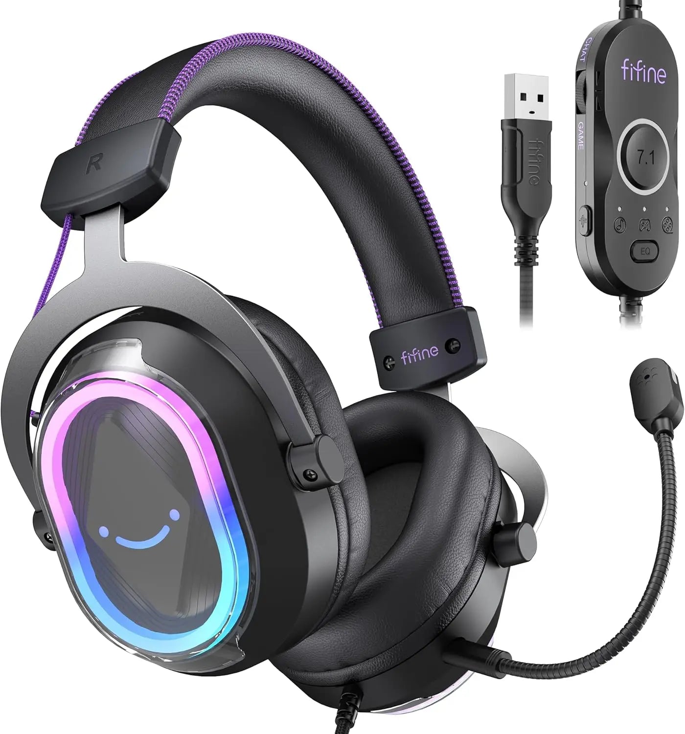 USB Gaming Headset with 7.1 Surround Sound, RGB Lights, Noise-Canceling Mic
