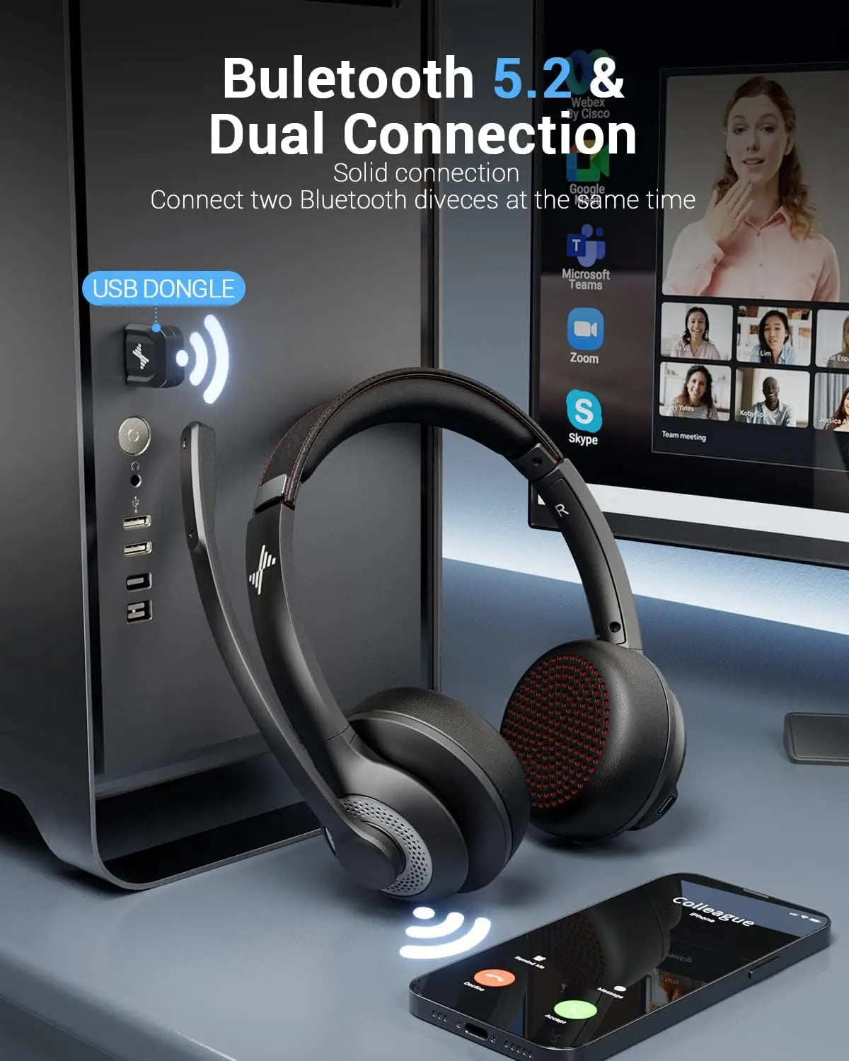 JIAMQISHI EH02P Wireless Headset with AI Noise Cancelling Microphone